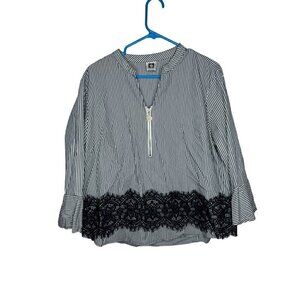 Anne Klein Cotton Blend Striped Lace Blouse Black X-Large